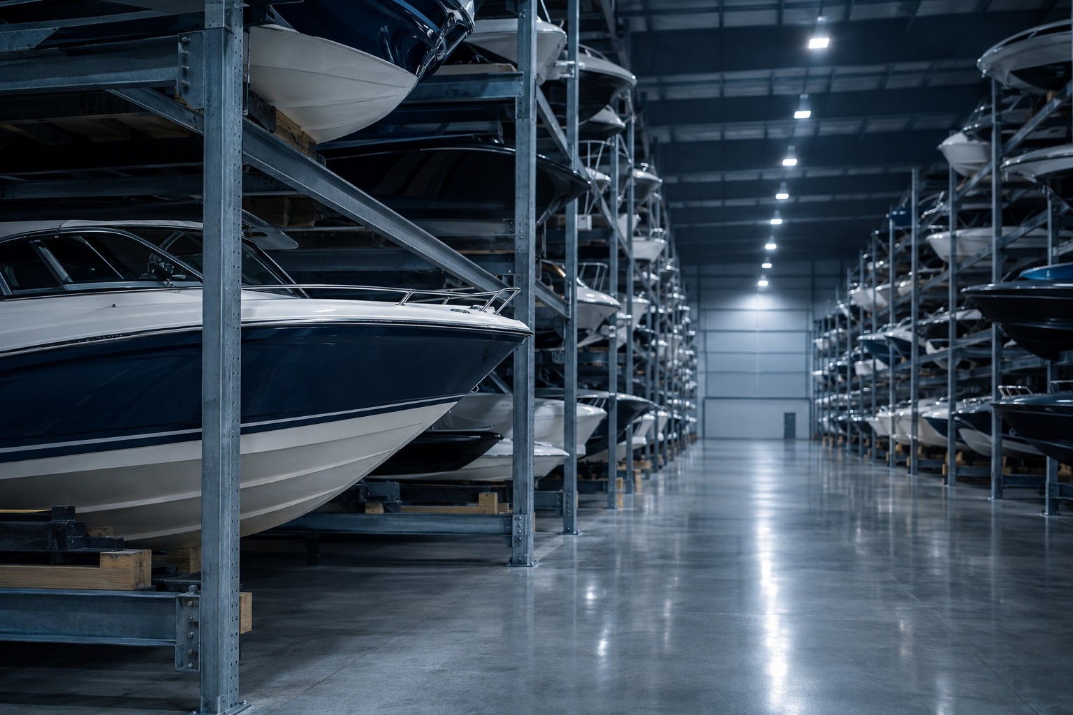 Rows of boats on racks inside a climate-controlled dry storage facility